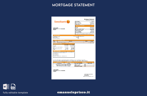 estratto conto del mutuo bancario svedese Swedbank in stile verificato nel model